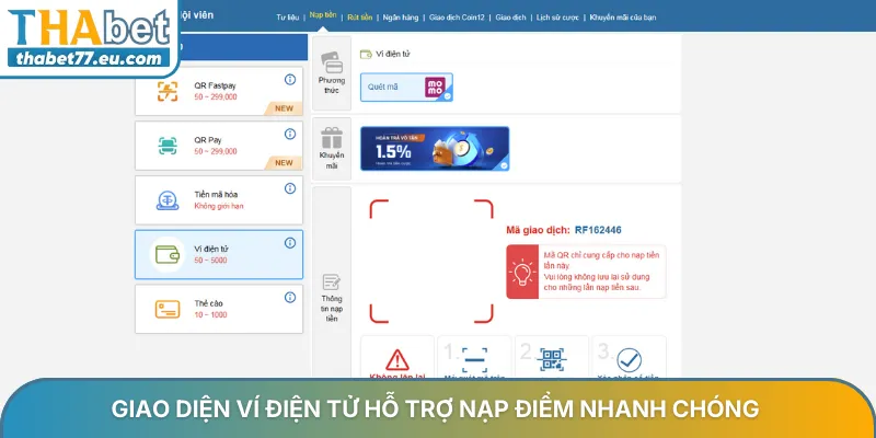 Giao diện ví điện tử hỗ trợ nạp điểm nhanh chóng