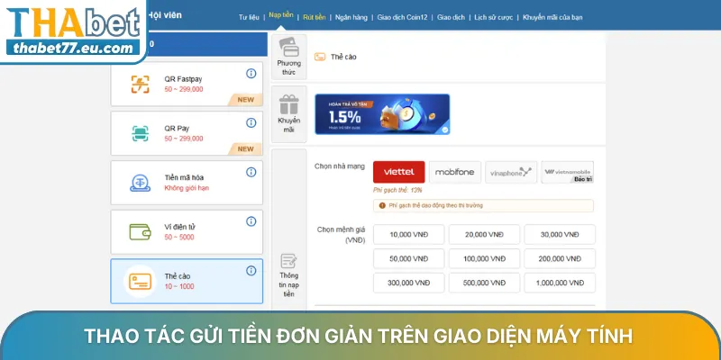 Thao tác gửi tiền đơn giản trên giao diện máy tính
